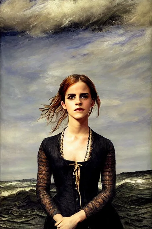 Prompt: a true-to-life portrait of Emma Watson against a backdrop of an ocean painted by John Everett Millais, real-life accurate, photoshoot