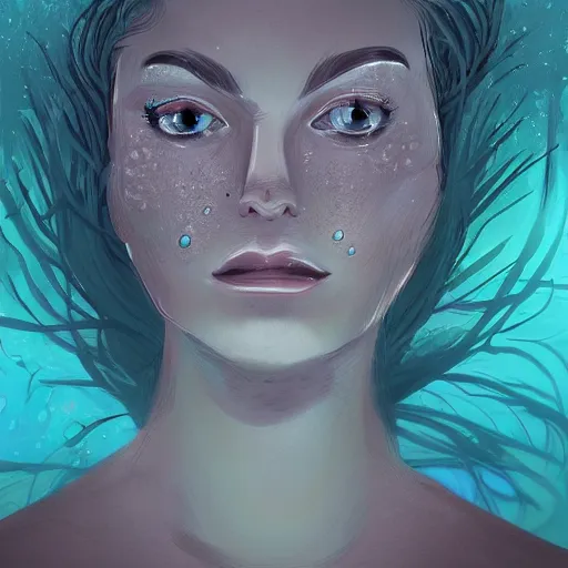 Image similar to face portrait of a woman underwater inspired by lois van baarle, bubbles, seaweed