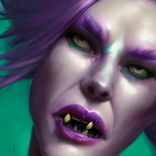 Image similar to a face portrait of a purple haired human woman, with a green tongue, by dorian cleavenger, greg rutkowski, wlop, trending on artstation