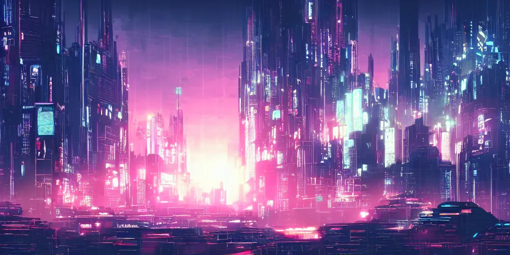 Prompt: city in the style of cyberpunk with a gigantic building in the middle, space sky, anime illustration,