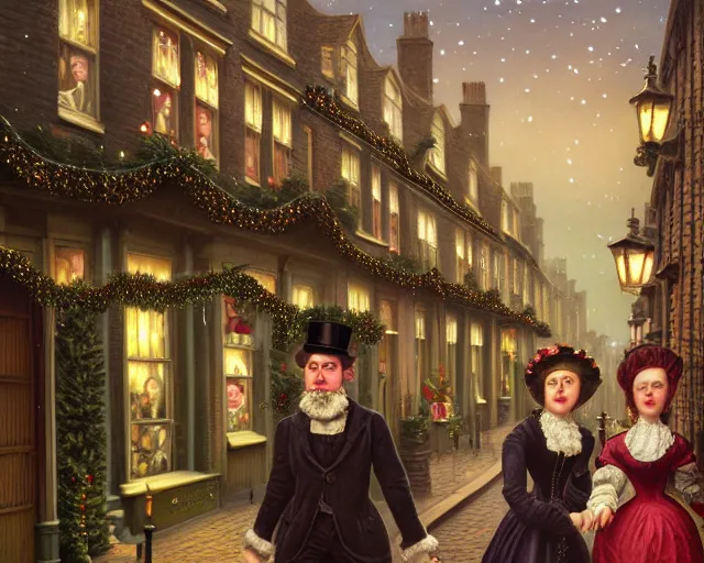 Image similar to closeup profile portrait of victorian london streets, mark ryden, lostfish, max fleischer, hyper realistic, artstation, illustration, digital paint, matte paint, vivid colors, bright, cheerful, detailed and intricate christmas environment