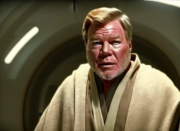 Image similar to young william shatner as obi - wan kenobi, wearing a robe, in star wars : the force awakens ( 2 0 1 5 ). movie still