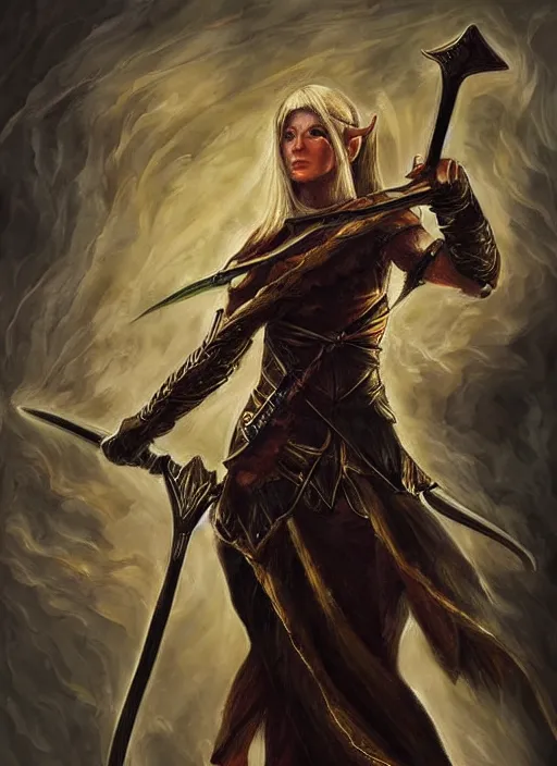 Image similar to female elf armed with two long swords, in the style of tolkien, fantasy art, dramatic lighting, highly detailed oil painting