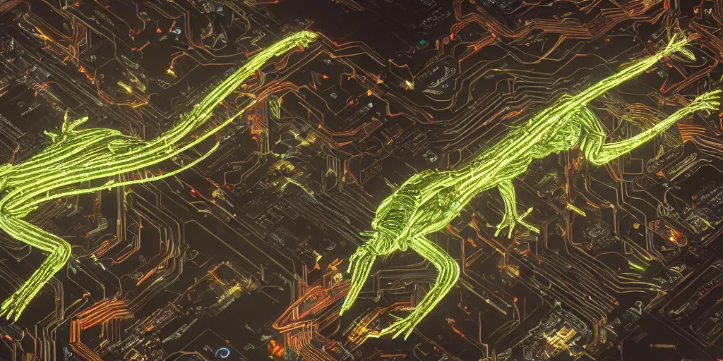 Image similar to a sentient cybernetic basilisk connected to multiple fiber optic data cables, sci-fi, extremely detailed, 8k UHD