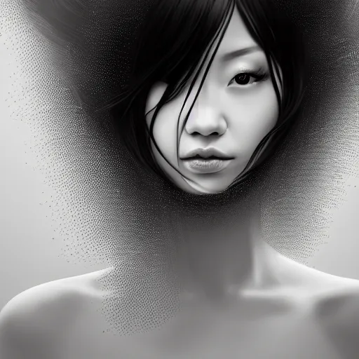 Image similar to a beautiful detailed black and white line art illustration of an attractive japanese female with long black hair covering part of her face, centered, glamour portrait from the waist up, by karol bak and beeple, trending on artstation and deviantart and behance, extreme detailing, realistic, 8 k, 4 k hd wallpaper