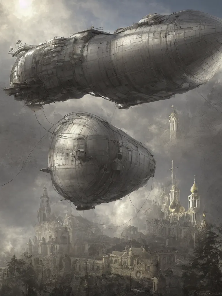 Image similar to a large dieselpunk airship is standing in the air over a splendid white church in russia, full morning sun, matte painting by craig mullins