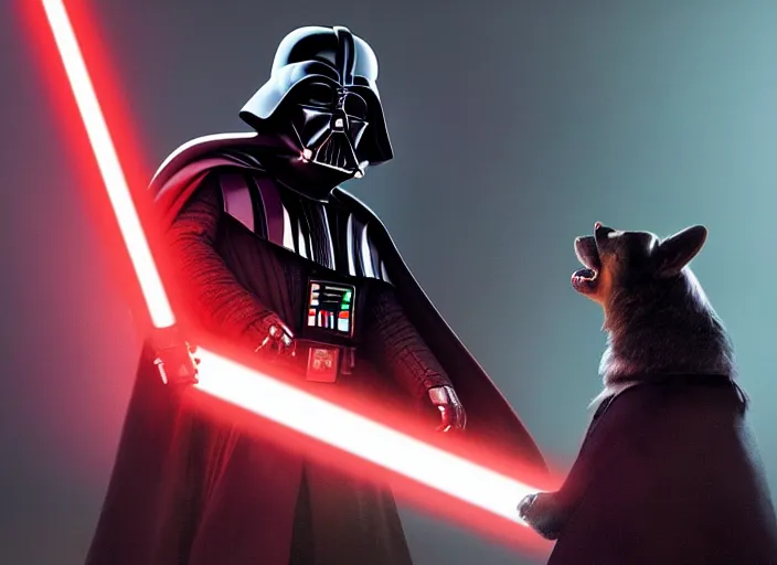 Image similar to a Photorealistic dramatic hyperrealistic render of darth vader with lightsaber drawn facing off against a calm cute corgi in battle, futuristic star wars vibe, by WLOP and Artgerm and Greg Rutkowski and Alphonse Mucha, Beautiful dynamic dramatic dark moody lighting, shadows, cinematic atmosphere, Artstation, concept design art, Octane render, 8K, masterpiece, sharp focus