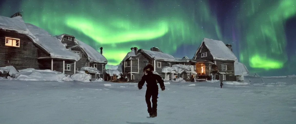 Image similar to filmic extreme wide shot movie still 4 k uhd exterior shot 3 5 mm film color photograph of a people running in terror around a village in the antarctic at night with the northern lights lighting up the sky and the buildings, in the style of the horror film the thing 1 9 8 2