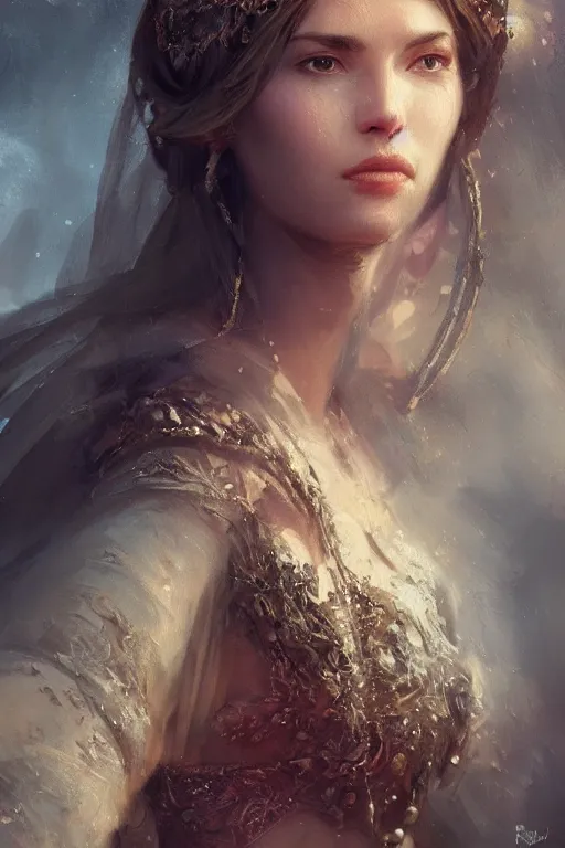 Image similar to medieval princess, gorgeous, close-up portrait, intricate, elegant, volumetric lighting, scenery, digital painting, highly detailed, artstation, sharp focus, illustration, concept art, ruan jia, steve mccurry