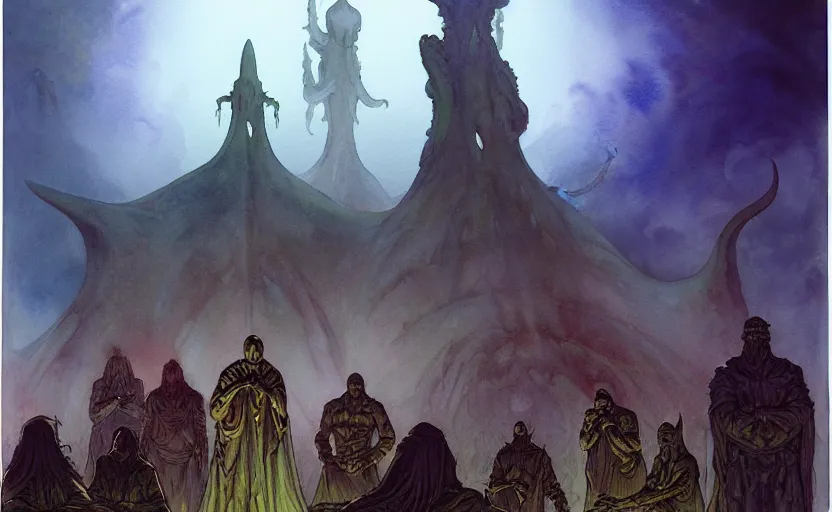 Image similar to a hyperrealist watercolour character concept art portrait of a group of pagan men kneeling down in prayer to a tall elegant lovecraftian alien on a misty night on the moors of ireland. a battlecruiser starship is in the background. by rebecca guay, michael kaluta, charles vess and jean moebius giraud