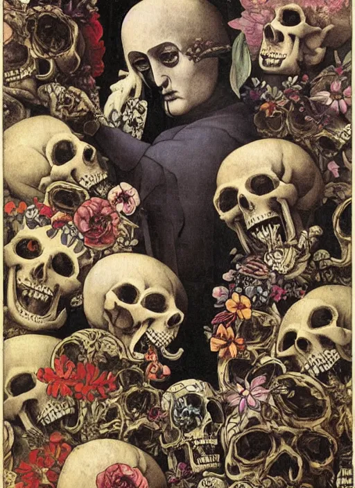 Prompt: the oracle of ancient wisdom surrounded by floral skulls, italian futurism, da vinci, dan gonzalez