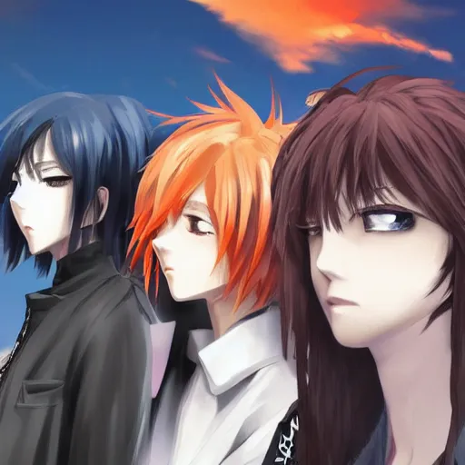 Image similar to orange - haired anime boy, 1 7 - year - old anime boy with wild spiky hair + 1 7 - year - old pale - skinned persian girl with black hair long bob cut, long bangs, black gothic jacket, ultra - realistic, sharp details, subsurface scattering, blue sunshine, intricate details, hd anime, 2 0 1 9 anime