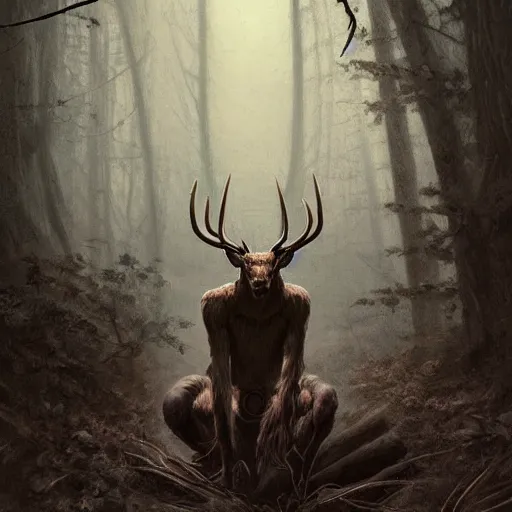 Image similar to anthropomorphic humanoid crouching deer monster in a dark moonlit forest, horror, highly detailed, crouching humanoid, human-like, whole body, by Greg Rutkowski, trending on artstation, 4k