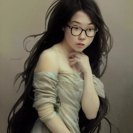 Prompt: full body portrait of a beautiful young asian girl glasses, freckles, fully clothed!, worksafe!, jeremy mann and alphonse mucha, photo realistic, dynamic lighting, windy, artstation, poster, dreamy, volumetric lighting, ethereal, 4 k, high detail