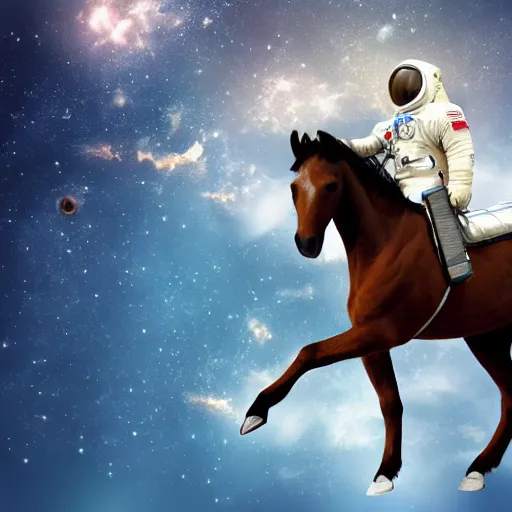 Image similar to a horse above a man in space suit, horse riding astronaut, space background, art