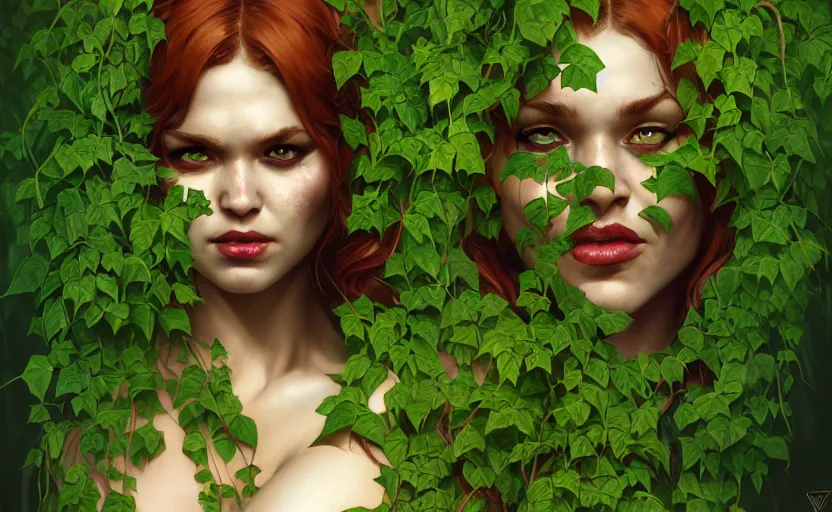 Prompt: poison ivy battle pose, Bane wrapped up in vines, illustration, realistic eyes, artstation, cinematic lighting, hyperdetailed, detailed realistic symmetrical eyes, cgsociety, 8k, high resolution, Charlie Bowater, Tom Bagshaw, Norman Rockwell, insanely detailed and intricate, prison background