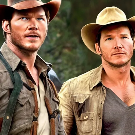 Image similar to a photo of chris pratt as indiana jones together with harrison ford, cinematic, natural lighting, genuine smile