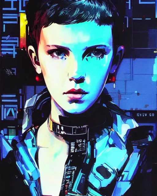 Image similar to portrait of cyberpunk millie bobby brown by yoji shinkawa