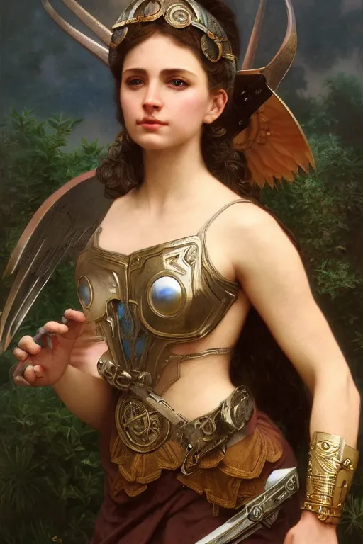Prompt: Mystical Valkyrie, Portrait of a beautiful female Atlantean warrior, Regal, Realistic, Refined, Detailed Digital Art, Oil Painting, William-Adolphe Bouguereau, Art Frahm, Esao Andrews, Steampunk, Walt Disney (1937), Highly Detailed, Cinematic Lighting, Unreal Engine, 8k, HD
