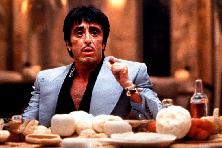 Image similar to face portrait of tony montana from movie scarface 1 9 8 3 sitting behind a big black oak table with big large packages of flour. al pacino. perfect symmetric face, coherent eyes, ron cobb, fine details, cinestill, 4 k. last scene from scarface movie, bokeh