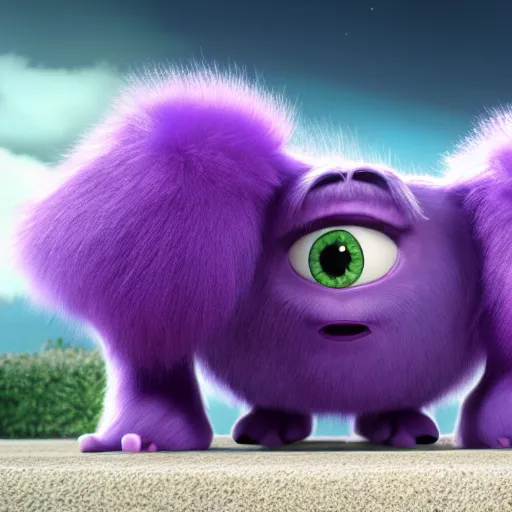 Image similar to a purple fluffy monster, adorable and cute, pixar, octane render, 4k, monster in middle of picture