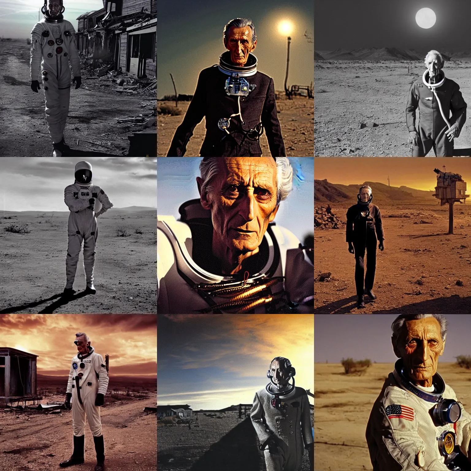 Prompt: Peter Cushing wearing an astronaut suit in an abandoned post apocalyptic western town at sunset, realistic