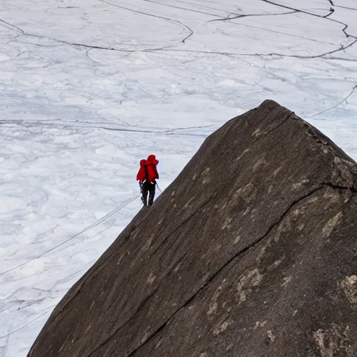 Image similar to two climbers walking on ice surface with a view of the red star.