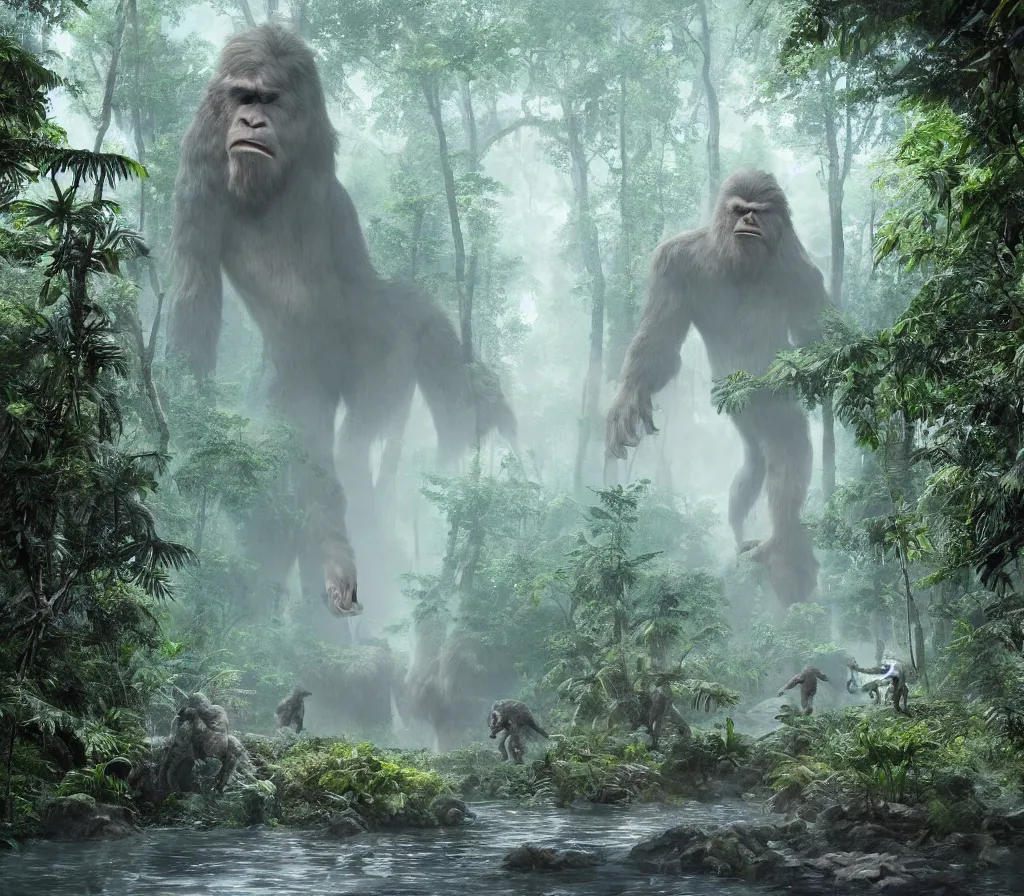 Image similar to matte painting of bigfoot in rain forest, large dinosaurs in background, style by blizzard concept artists