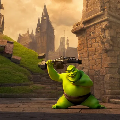 Prompt: shrek as gun, masterpiece, highly detailed, high quality, 4 k, anatomically correct, hyperrealistic, concept art, octane render, unreal engine 5, trending on artstation, trending on deviantart, matte, historical painting, fantasy style, path traced, high coherence, soft lighting, digital painting, mythical
