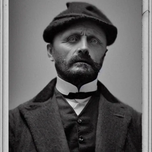 Prompt: headshot edwardian photograph of anthony hopkins, mads mikkelsen, arthur shelby, terrifying, scariest looking man alive, 1 8 9 0 s, london gang member, slightly pixelated, intimidating, fearsome, realistic face, peaky blinders, 1 9 0 0 s photography, 1 9 1 0 s, grainy, blurry, very faded!