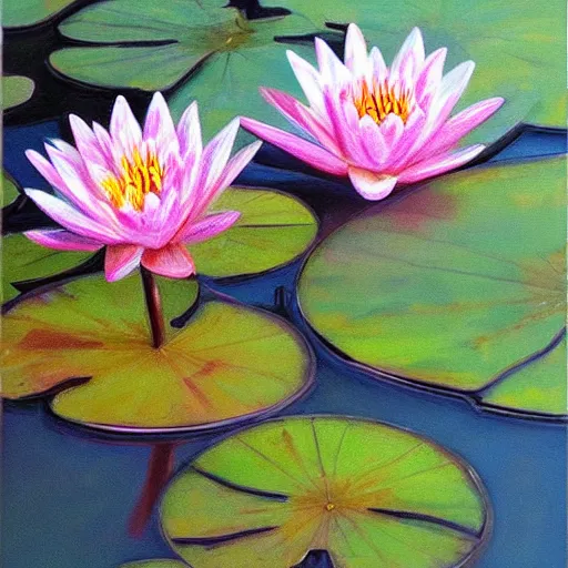 Image similar to waterlily flower, painting, detailed, magical environment, peaceful, beautiful, artwork, realistic detail, natural lighting, brush strokes, pintrest, behance