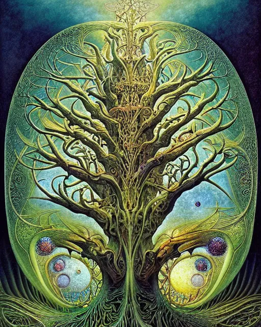 Image similar to tree of life by roger dean and andrew ferez, art forms of nature by ernst haeckel, divine chaos engine, symbolist, visionary, art nouveau, botanical fractal structures, organic, detailed, realistic, surreality