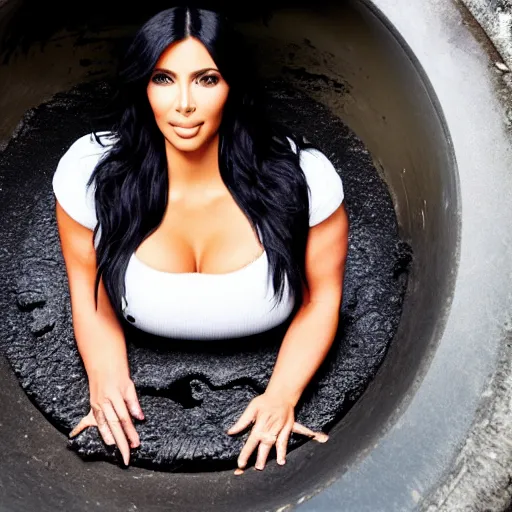 Image similar to photo of kim kardashian trapped inside a sewer grate