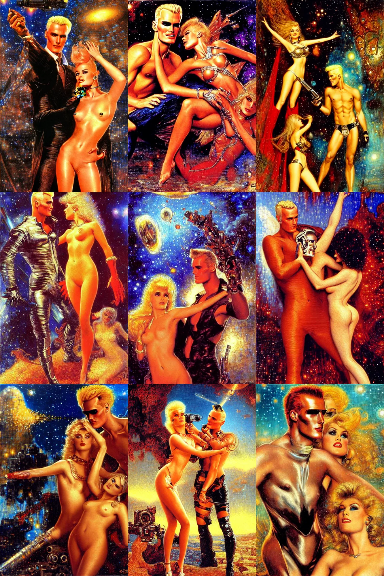 Prompt: max headroom and barbarella flirting in cyberspace in 1 9 8 4, painting by gaston bussiere