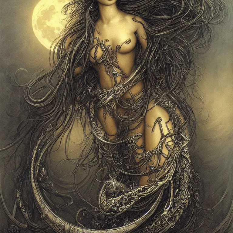 Image similar to beautiful biomechanical moon goddess, flowing hair, intense stare, sweet sarcastic smile, dark blue skin, concept art, realistic oil painting by gustave dore,