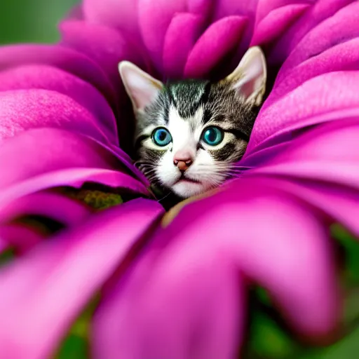 Prompt: a professional photograph of a tiny cat climbing a giant flower, high quality, highly detailed, cute, HD, 8K