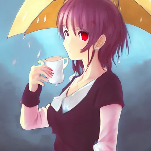 Prompt: portrait of a girl drinking cappucino during rain, anime fantasy illustration by tomoyuki yamasaki, kyoto studio, madhouse, ufotable, trending on artstation