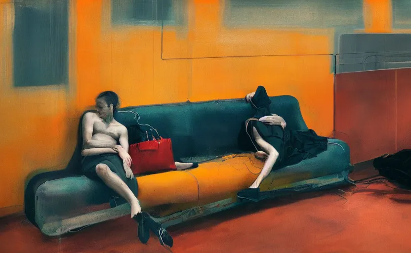 Prompt: abandoned lovers merging into each other in a the void metro, wrapped in wires, couches melting, Adrian Ghenie, 8k, Peter Doig, style of Edward Hopper, Todd Hido, Jenny Saville, colors of Mark Rothko