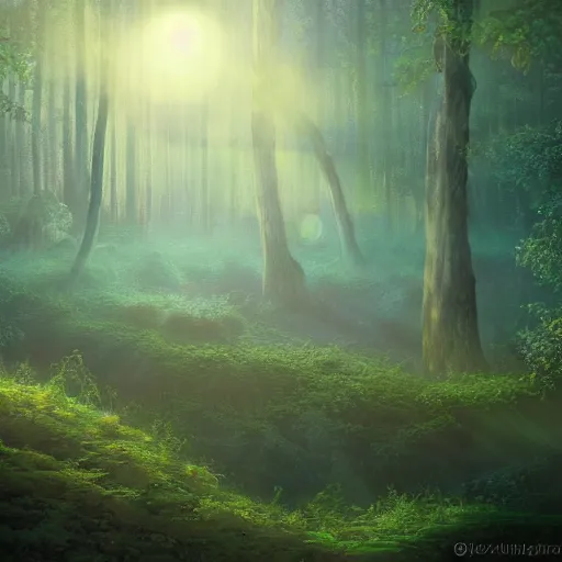 Image similar to detailed fantasy painting of a boreal ethereal mana forest full of glowing magical orbs floating into the sky at dawn ultra realistic , lens flare, atmosphere, glow, detailed, intricate, full of colour, cinematic lighting, trending on artstation, 4k, hyperrealistic, focused, extreme details, cinematic, masterpiece