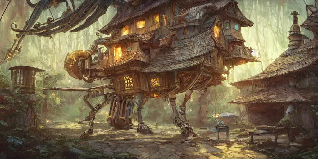 Image similar to a house with mechanical legs, Baba Yaga, cinematic angle, studio Ghibli, volumetric lighting, bold, beautiful composition, intricate, elegant, digital art, detailed oil painting, hyperrealistic, sharp focus, 8k