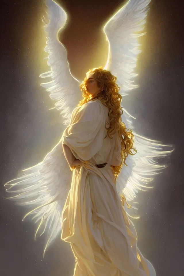 Image similar to fullbody portrait of a beautiful young fit male angel with curly blond hairs, full dressed in long fluent clothes, majestic big dove wings, luminous halo, by greg rutkowski and alphonse mucha, gradient white to gold, in front of an iridescent background, highly detailed portrait, digital painting, artstation, concept art, smooth, sharp focus illustration