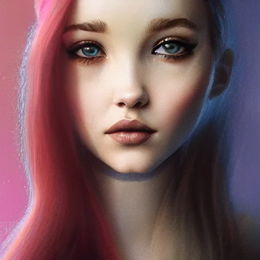 Image similar to tom bagshaw portrait, beautiful mix of dove cameron madison beer bella poarch in a camisole and hotpant, short cyberpunk haircut, professionally retouched, focus eyes, ultra realistic soft painting, insanely detailed linework, symmetrical accurate intricate features, behance, 8 k, - signature