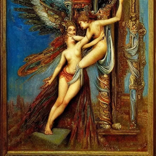 Image similar to a symbolist painting about the lie we live in the style of Jupiter and Semele by Gustave Moreau