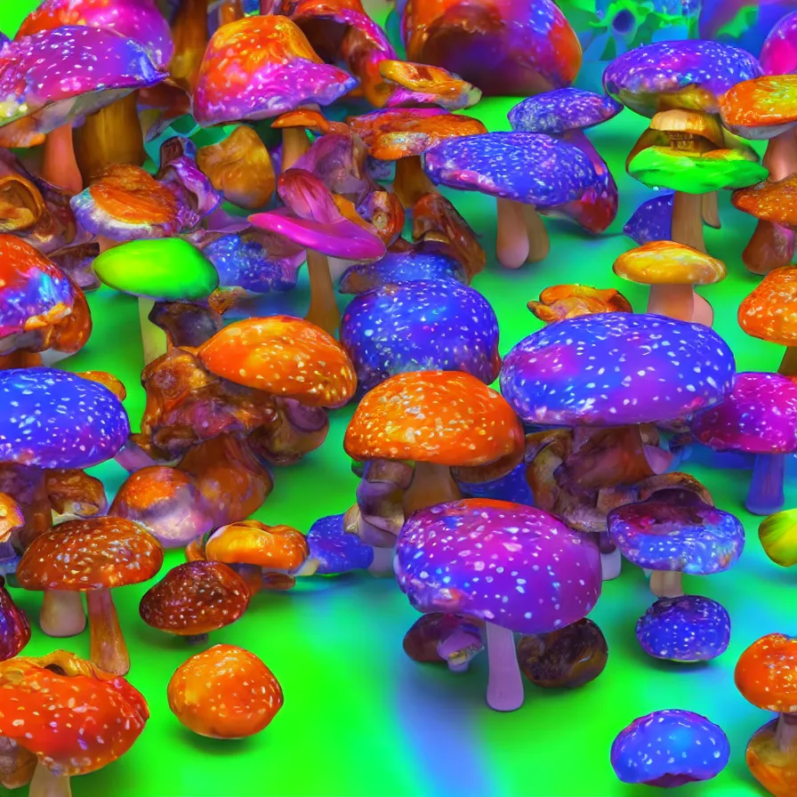 Image similar to colorful mushrooms, a computer render by jonathan zawada, flume, a 3 d render, featured on polycount, shutterstock contest winner, psychedelic art, psychedelic, rendered in cinema 4 d, 3 d