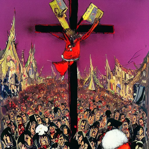 Prompt: a detailed painting titled santa on the cross by gerald scarfe and ralph steadman