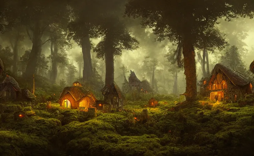 Image similar to A mushroom house close to the camera in the foreground, mushroom houses village in the distance, light coming from the windows, in a dark forest, macro, underexposed, overecast, mysterious matte painting by greg rutkowski and marc simonetti and Ivan Shishkin