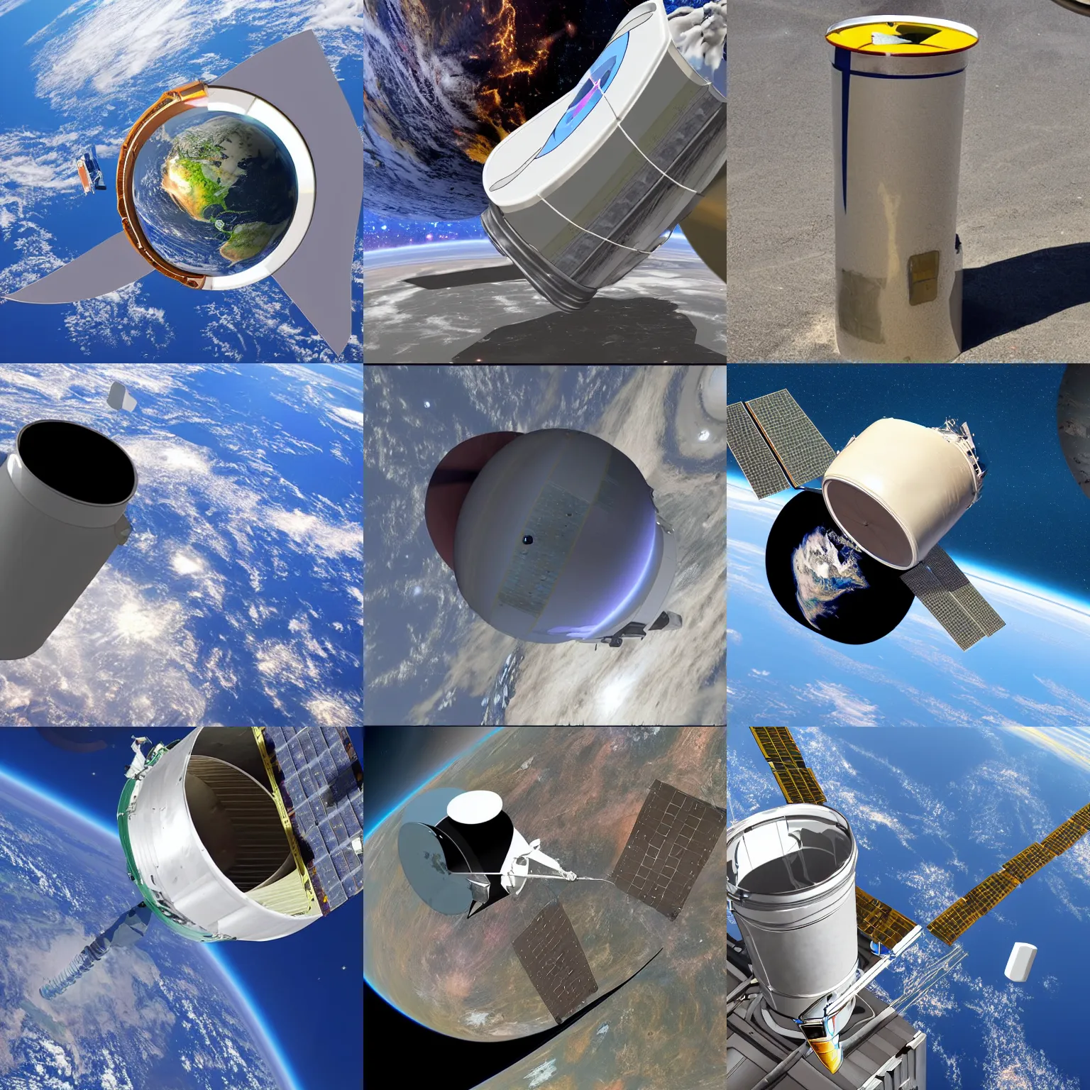 Prompt: trashcan in orbit around earth