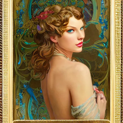 Image similar to romantic painted portrait of taylor swift by james jean, mucha, andrew loomis, masterpiece