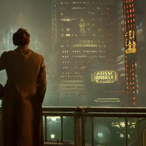 Image similar to screen capture from a live - action bioshock movie. andrew ryan, played by evan peters, is shown standing in an turn of the century style office front of an immense window looking out into the underwater city of rapture. the lights of the city are shining in the distance and an abundance of sea life is shown.