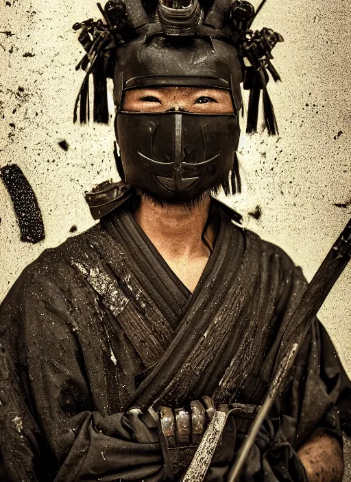 Image similar to samurai portrait photo, wearing all black mempo mask, after a battle, war scene, dirt and unclean, extreme detail, cinematic, dramatic lighting render, extreme photorealism photo by national geographic, jeff leg, masterpiece